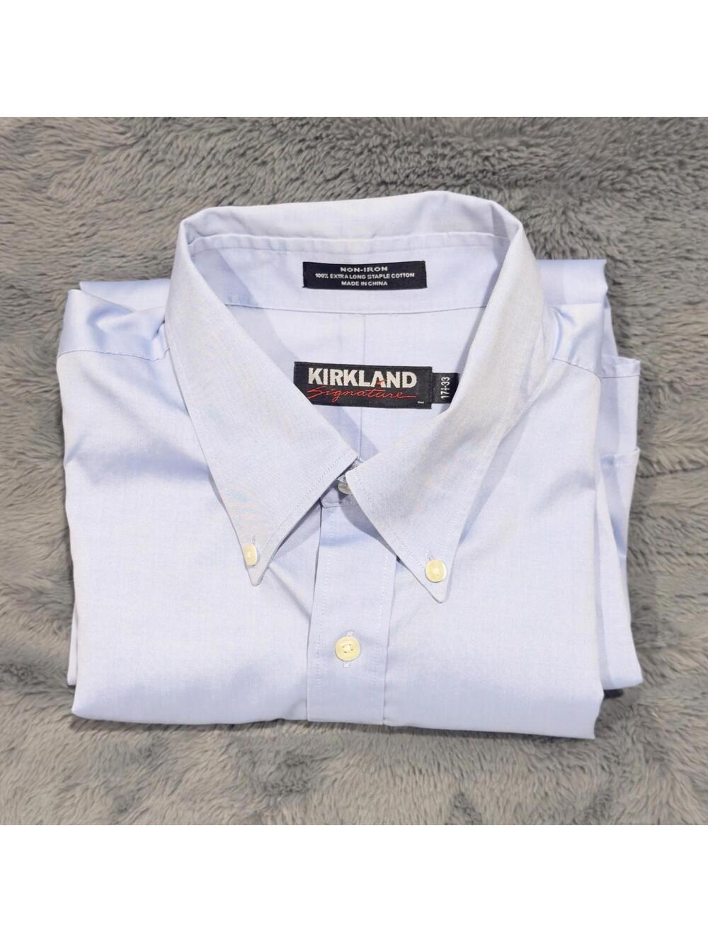 Kirkland Signature Mens Dress Shirt Light Blue 100% Cotton Long Sleeve 17.5-33‎